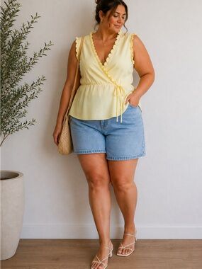 Modern identity design Ruffle Trim Wrap Blouse in Pale Yellow size 2x